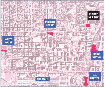Map of downtown D.C. showing present and future NPR sites