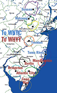 Map shows split of NJN radio stations between buyers WNYC and WHYY