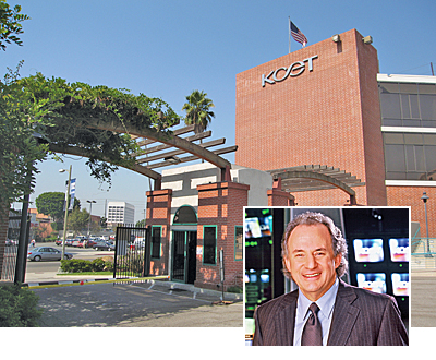 Front gate of KCET studio lot, with inset of Al Jerome, president