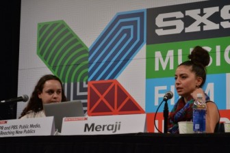 Lauren Saks of PBS Digital Studios and NPR's Shereen Marisol Meraji address a crowd Sunday at the SXSW conference in Austin, Texas. (Photo: Ben Mook, Current)