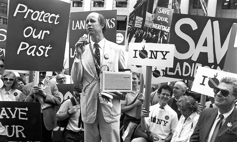 An award-winning episode of WLIW's Treasures of New York revisited the city's landmark preservation movement. Above: Kent Barwick, then president of the Municipal Arts Society, speaks during a rally to protect New York City's 1965 Landmarks Law. (Photo: Steven Tucker).