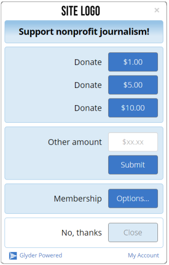 A mockup of Glyder's prompt for donations.