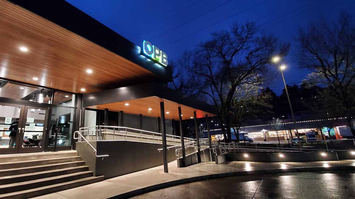 The renovated OPB building at night