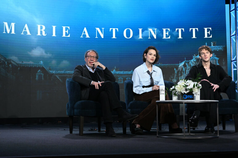 Claude Chelli, Emilia Schüle and Louis Cunningham at the "Marie Antoinette" session of the Television Critics Association Press Tour Jan. 16 in Los Angeles.