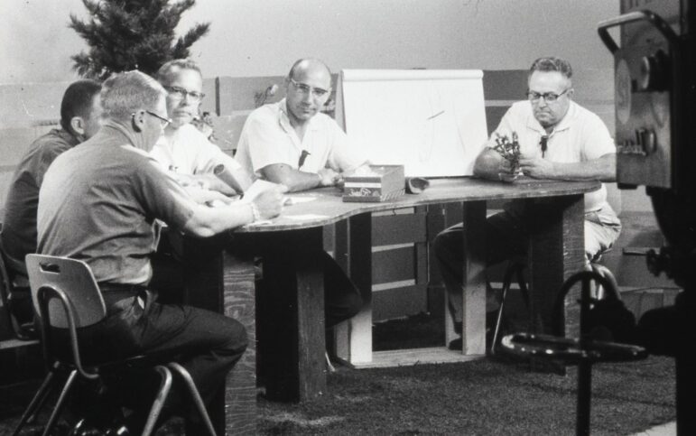 "Backyard Farmer" panelists in the studio in a 1950s-era photo. Left to right: host and UNL Director of Communications George Round, Nebraska Extension turf and weed specialist John Furrer, Nebraska Extension plant pathologist John Weihing and Nebraska Extension horticulture educator Wayne Whitney.