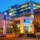 NPR headquarters in Washington, DC at night.