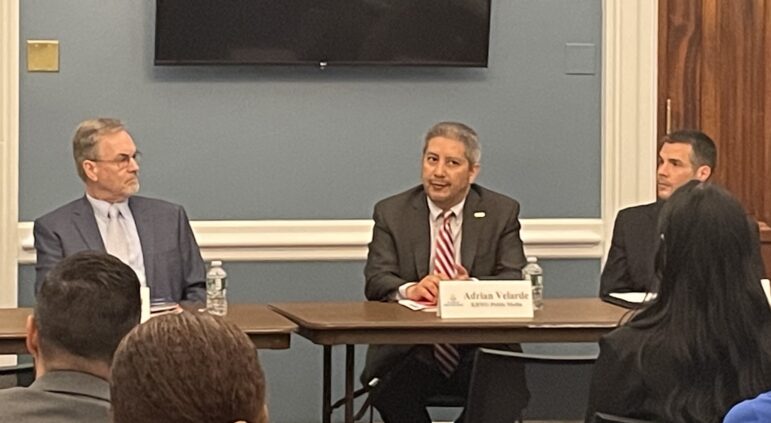Mark Leonard, Adrian Velarde and Ron Hetrick at the Alliance of Rural Public Media event at the U.S. Capitol June 6.