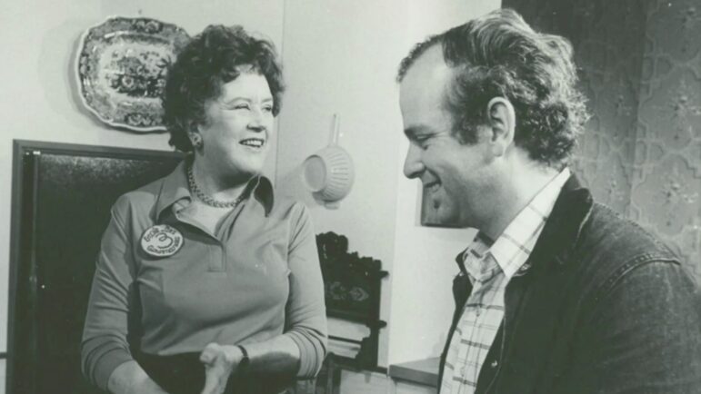Julia Child with Russell Morash on set.