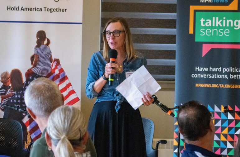 Richert kicks off an event co-sponsored by Talking Sense and Braver Angels July 9 in Worthington, Minn. (Photo: Lorna Benson/MPR News)