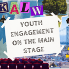 A digital collage featuring the Golden Gate Bridge, a microphone, newspaper clippings, and a stage spotlight. The words “KALW” and “Youth engagement on the main stage” are displayed in a cutout-style font on a white taped sign. The background includes a cityscape with the San Francisco Bay Bridge, a tree, and abstract colorful elements. A group of people is seated in red theater chairs at the bottom, facing the sign.