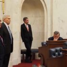 From left: Arkansas Sens. Mark Johnson, R-Ferndale; Dan Sullivan, R-Jonesboro; Greg Leding, D-Fayetteville; and Terry Rice, R-Waldron listen to debate on the Senate floor Monday.