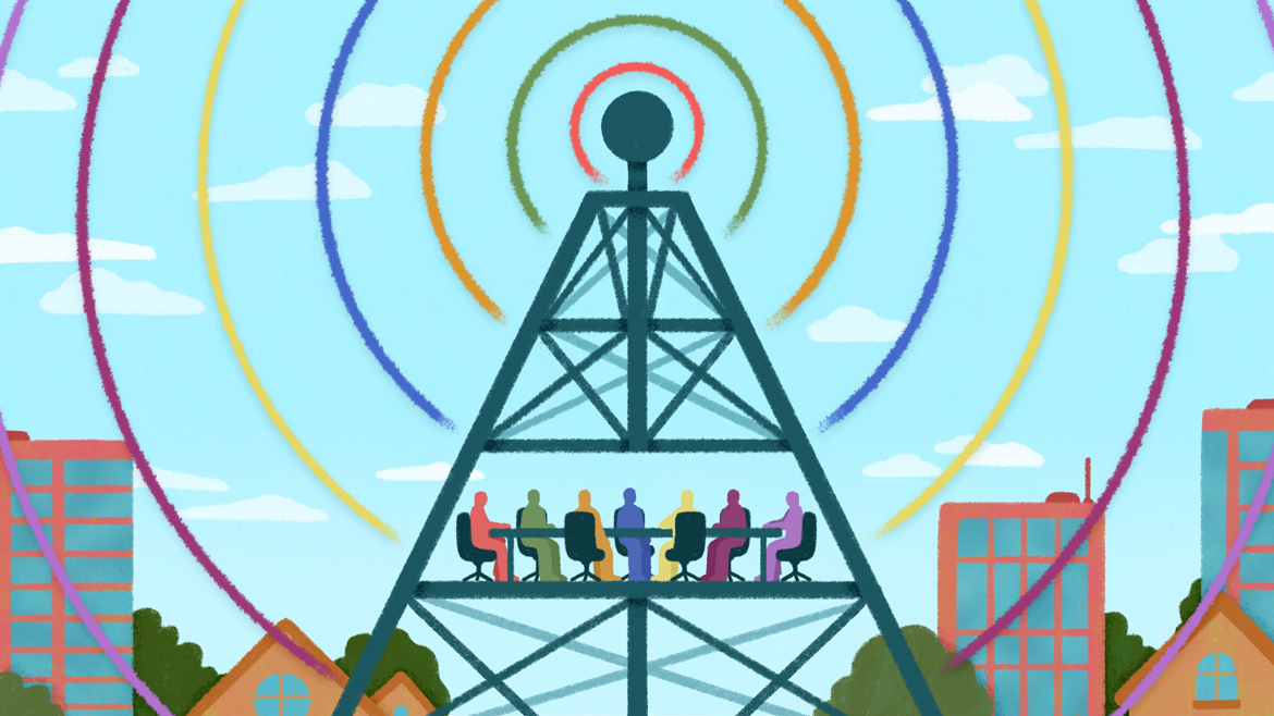 An artistic depiction of a broadcast tower with colorful concentric waves radiating outward, symbolizing communication. Inside the tower, a group of diverse individuals is seated around a boardroom table, representing a board of directors. The scene is set against a light blue sky with fluffy clouds, surrounded by buildings and trees, blending technology and governance with community.