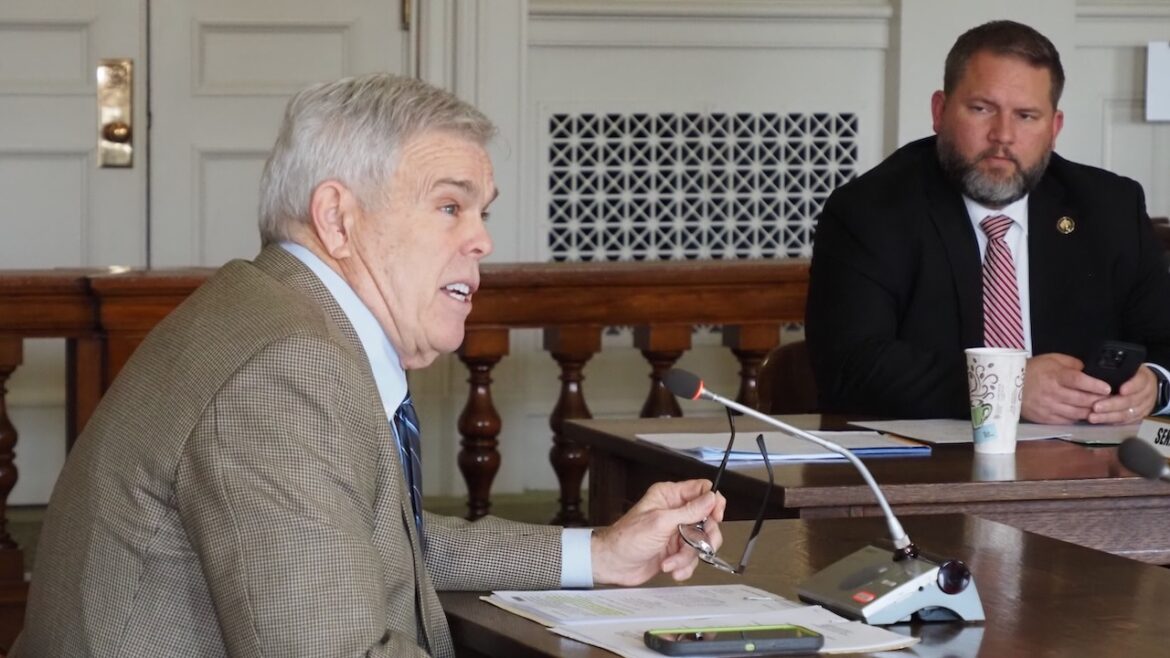 Sen. Dan Sullivan, R-Jonesboro, presents a bill to the Senate Committee on State Agencies and Governmental Affairs on Thursday, February 13, 2025 while Sen. Jim Dotson, R-Bentonville, looks on. (Mary Hennigan/Arkansas Advocate)