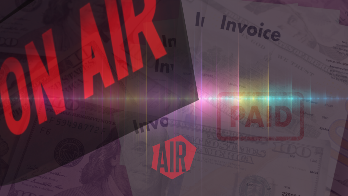 A layered digital composition featuring a glowing red “ON AIR” sign, overlapping images of invoices, U.S. dollar bills, and a “PAID” stamp. A lens flare effect runs across the image, adding a dynamic, high-energy feel. The combination of elements suggests themes of broadcasting, financial transactions, and media industry economics.