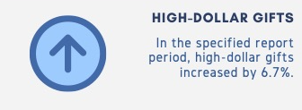 A light blue circular icon with an upward arrow, indicating an increase. Next to it, bold uppercase text reads “HIGH-DOLLAR GIFTS.” Below, a description states: “In the specified report period, high-dollar gifts increased by 6.7%.”