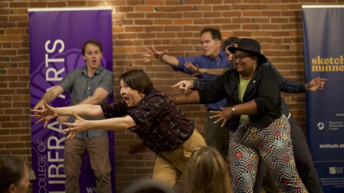 Comedic improv actors for Danger Boat Productions perform during a "Sketches of Minnesota" event in May 2024.