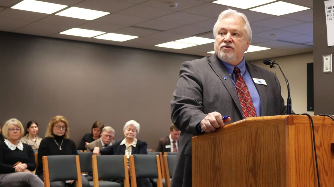 John Harris, president and CEO of Prairie Public Broadcasting, speaks March 7, 2025, during a legislative committee hearing about state and federal funding for the organization.