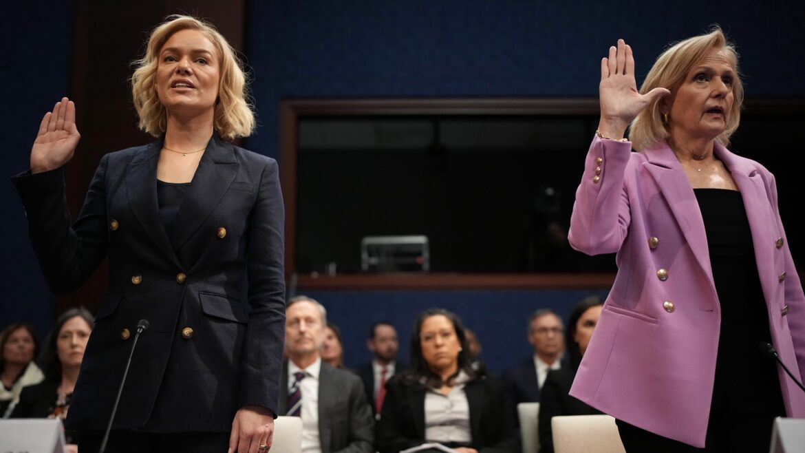 NPR CEO Katherine Maher and PBS CEO Paula Kerger are sworn in before a House Oversight and Government Reform Committee hearing at the U.S. Capitol Wednesday in Washington, D.C.