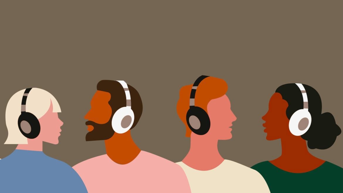 People in headphones. Set of men and women listening to music, podcast, audio. Isolated flat vector illustration with group of young people drawn in trendy style