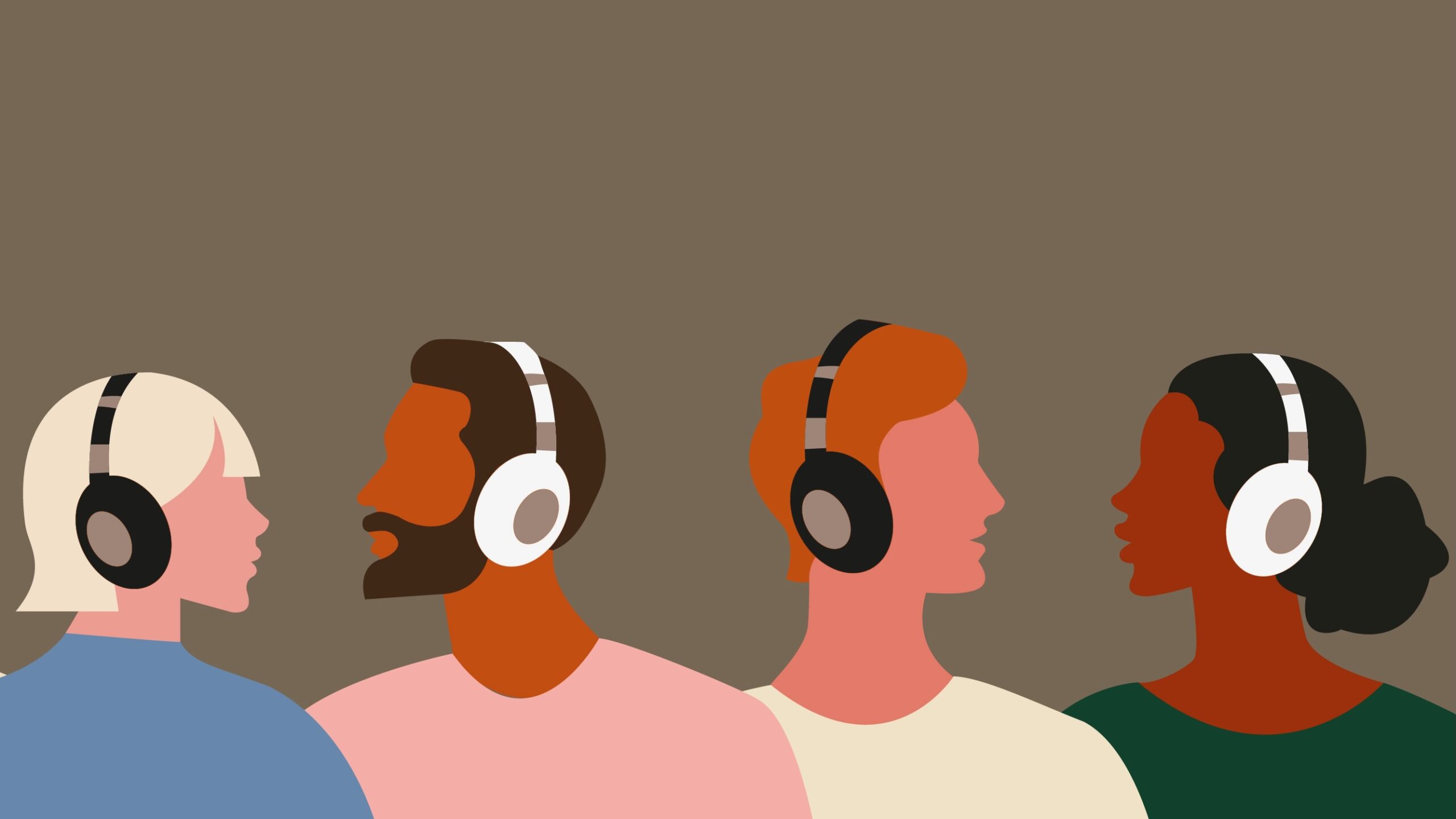 People in headphones. Set of men and women listening to music, podcast, audio. Isolated flat vector illustration with group of young people drawn in trendy style
