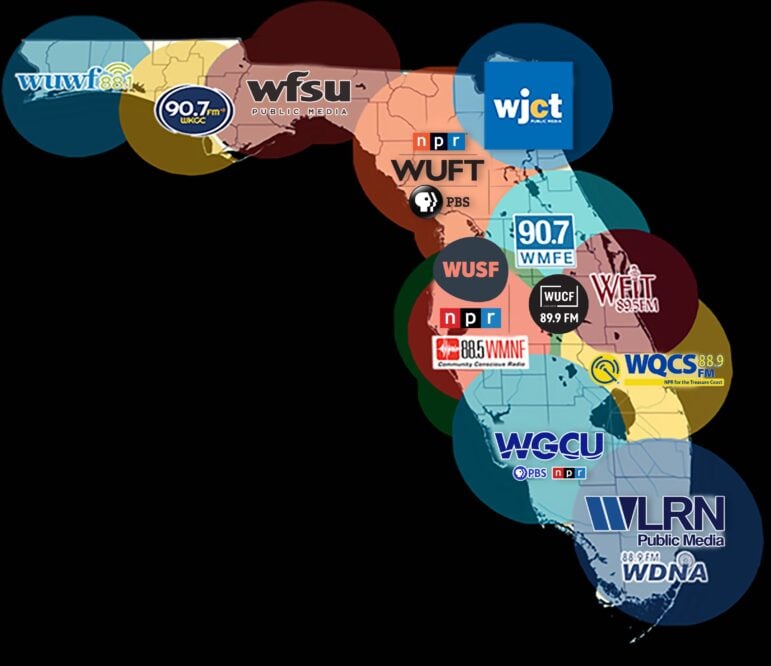 A map displays the broadcast coverage areas of the Florida Public Radio Emergency Network stations.