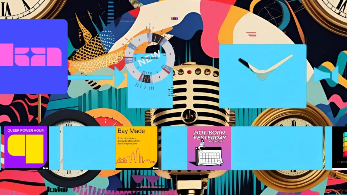 Collage displaying title art of local podcasts ‘Queer Power Hour,’ ‘Bay Made’ and ‘Not Born Yesterday,’ with clocks, a microphone and abstract patterns.