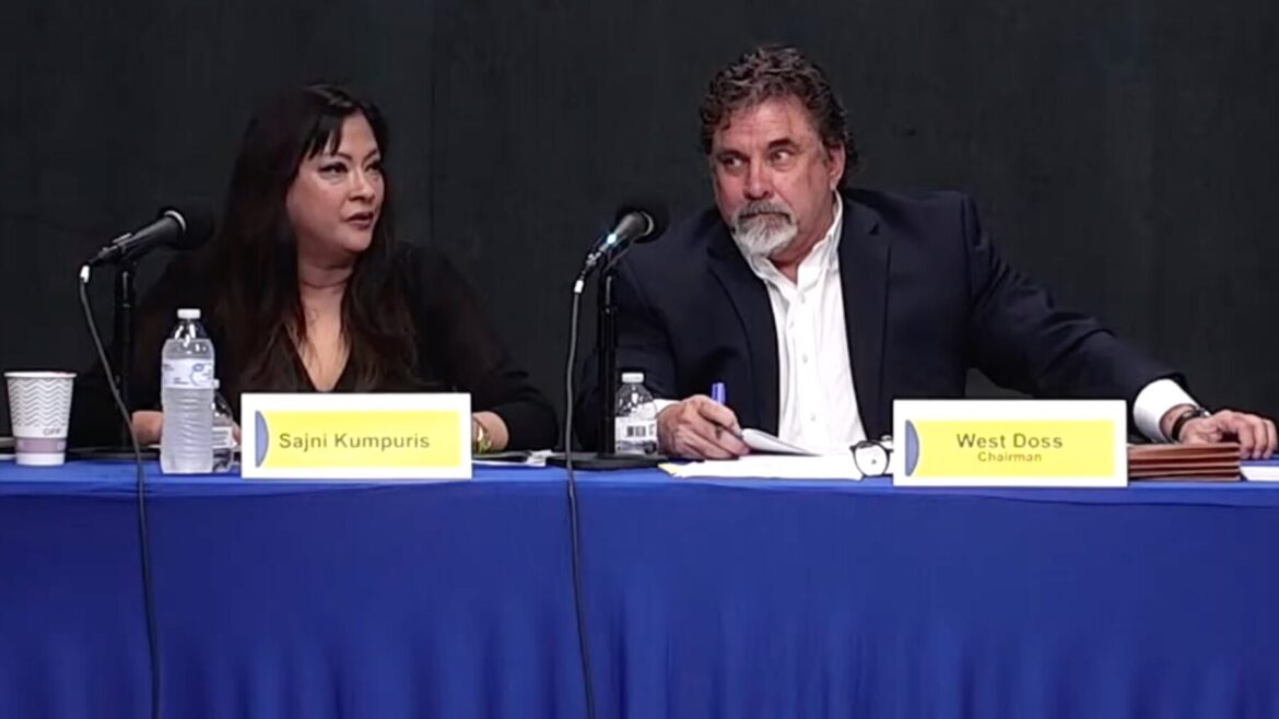 Arkansas PBS interim Executive Director Sajni Kumpuris, left, and Commission Chair West Doss, during the commission's June 5, 2025 meeting.