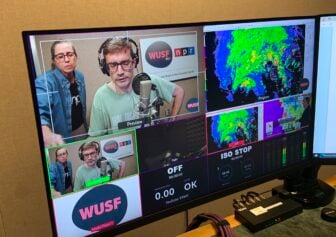 WUSF News Director Mary Shedden and host Matthew Peddie collaborate on live coverage of the landfall of Hurricane Milton in 2024.