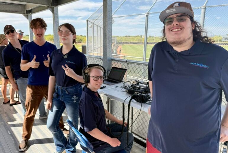 KVIT color commentators/analysts Connor "Spike" Miller-Dargan and Henry Bridwell, engineers Sophia Harris and Skylar Davidson, and play-by-play announcer Matthew Cavasos