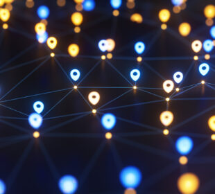 Abstract network of glowing blue and orange location pins connected by thin lines, symbolizing an interconnected system or digital map
