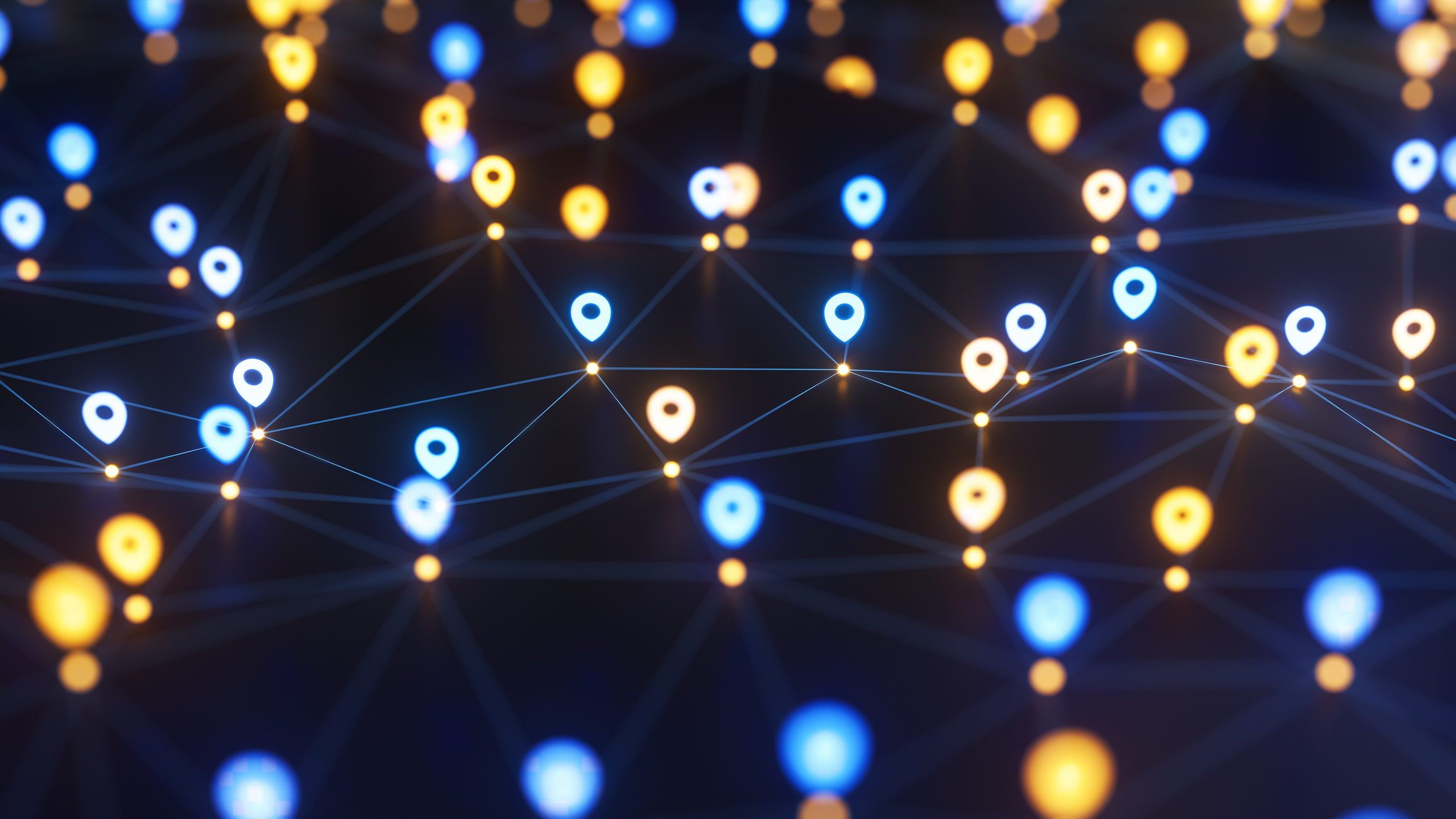 Abstract network of glowing blue and orange location pins connected by thin lines, symbolizing an interconnected system or digital map