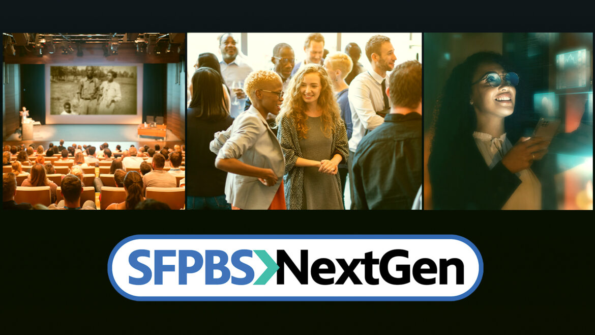 Three images, including a theater with people watching a presenter, a group of people talking and a woman surrounded by holographic images, are underscored by text reading "SFPBS NexGen"