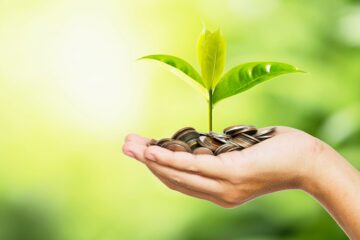 A hand holding a pile of coins with a small green plant sprouting from them, symbolizing growth and investment.