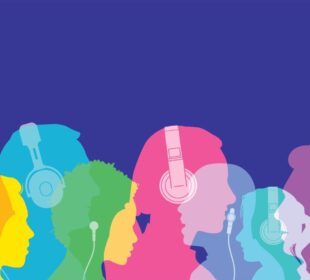 Illustration of overlapping colorful silhouettes of people wearing headphones or earbuds, set against a solid dark blue background.