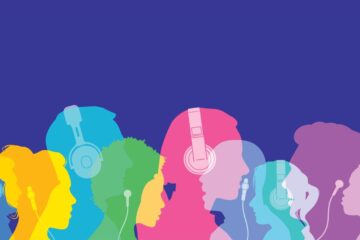 Illustration of overlapping colorful silhouettes of people wearing headphones or earbuds, set against a solid dark blue background.