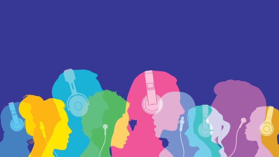 Illustration of overlapping colorful silhouettes of people wearing headphones or earbuds, set against a solid dark blue background.
