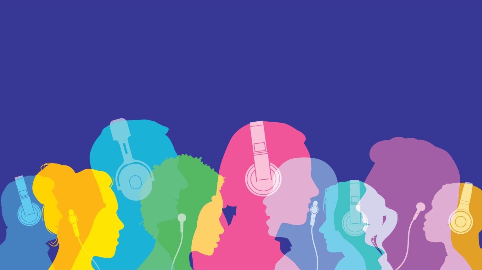 Illustration of overlapping colorful silhouettes of people wearing headphones or earbuds, set against a solid dark blue background.