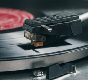 Close-up of a record player needle on a vinyl record