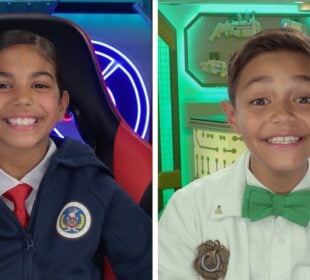 Agents Oaklynn, portrayed by Mikayla SwamiNation, and Olindo, played by Mason Dean McLouglin, in an episode of "Odd Squad Gaming Unit."