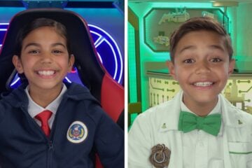 Agents Oaklynn, portrayed by Mikayla SwamiNation, and Olindo, played by Mason Dean McLouglin, in an episode of "Odd Squad Gaming Unit."