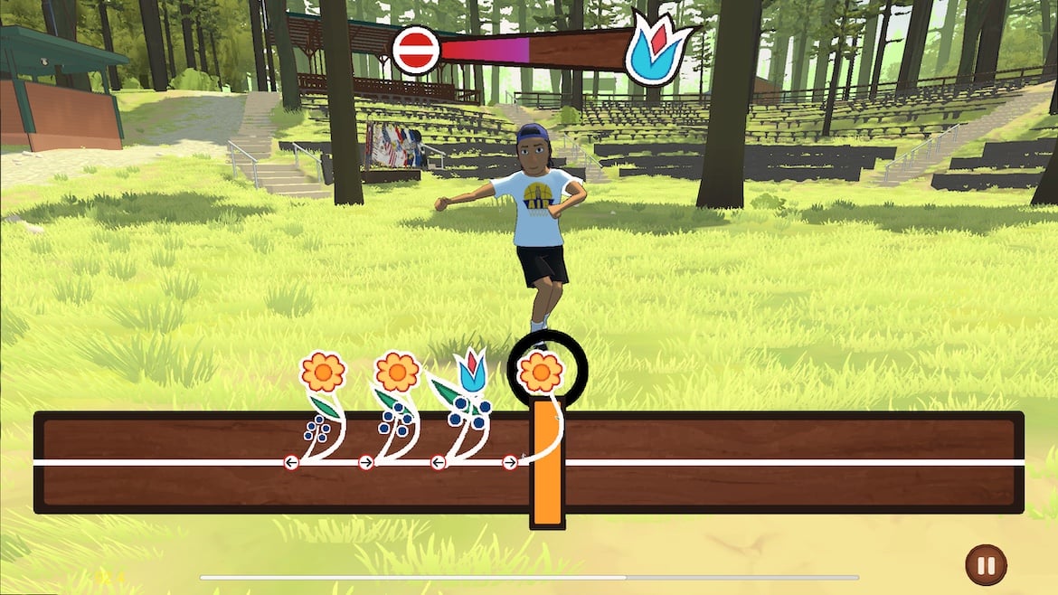 DJ, the main character in“Powwow Bound,” practices her dance steps in the Woodland Bowl