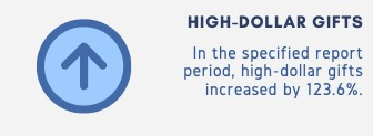 Illustration of an upward-pointing arrow inside a blue circle. Text reads: “HIGH-DOLLAR GIFTS. In the specified report period, high-dollar gifts increased by 123.6%.”