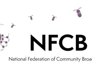 Logo of the National Federation of Community Broadcasters (NFCB) showing the acronym “NFCB” in bold black letters above the full name in smaller text, with a stylized dandelion on the left whose seeds resemble radio microphones drifting away.