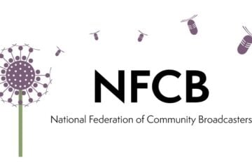 Logo of the National Federation of Community Broadcasters (NFCB) showing the acronym “NFCB” in bold black letters above the full name in smaller text, with a stylized dandelion on the left whose seeds resemble radio microphones drifting away.