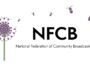 Logo of the National Federation of Community Broadcasters (NFCB) showing the acronym “NFCB” in bold black letters above the full name in smaller text, with a stylized dandelion on the left whose seeds resemble radio microphones drifting away.