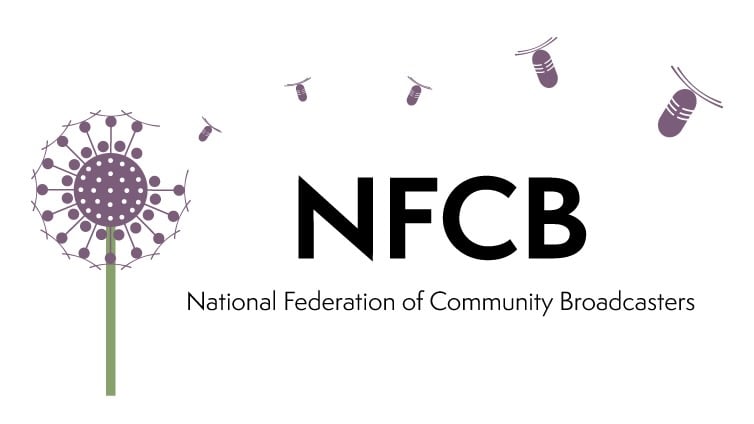 Logo of the National Federation of Community Broadcasters (NFCB) showing the acronym “NFCB” in bold black letters above the full name in smaller text, with a stylized dandelion on the left whose seeds resemble radio microphones drifting away.