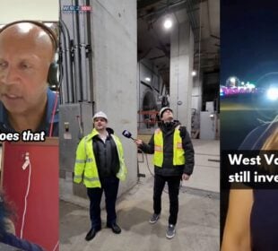 A composite of three screenshots from Instagram videos. On the left, two people appear in a split-screen video call: a man wearing headphones, speaking in front of a bookshelf, and a woman with glasses seated in front of a red wall. Text on the screen says “her by asking, does that.” In the middle, two men in hard hats and safety vests stand inside an industrial building as one holds a microphone up toward the ceiling. On the right, a woman speaks outdoors at night with flashing police lights in the background; on-screen text reads “West Valley Police are still investigating.”