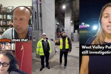 A composite of three screenshots from Instagram videos. On the left, two people appear in a split-screen video call: a man wearing headphones, speaking in front of a bookshelf, and a woman with glasses seated in front of a red wall. Text on the screen says “her by asking, does that.” In the middle, two men in hard hats and safety vests stand inside an industrial building as one holds a microphone up toward the ceiling. On the right, a woman speaks outdoors at night with flashing police lights in the background; on-screen text reads “West Valley Police are still investigating.”