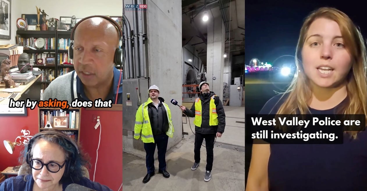 A composite of three screenshots from Instagram videos. On the left, two people appear in a split-screen video call: a man wearing headphones, speaking in front of a bookshelf, and a woman with glasses seated in front of a red wall. Text on the screen says “her by asking, does that.” In the middle, two men in hard hats and safety vests stand inside an industrial building as one holds a microphone up toward the ceiling. On the right, a woman speaks outdoors at night with flashing police lights in the background; on-screen text reads “West Valley Police are still investigating.”
