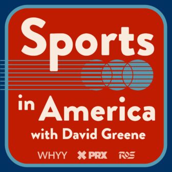 Logo for the Sports in America show with David Greene; features bold white text on a red square background bordered in blue, with three overlapping circles and the WHYY, PRX and ROS logos at the bottom.